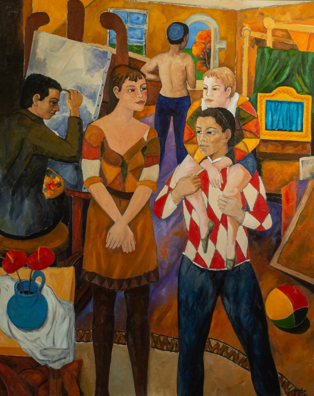 The painter and the family of Arlecchino, 2018, Oil on Linen, 150 x 120 cm
